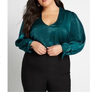 ModCloth Ideal Discovery Satin Long Tie Sleeve Blouse Top 2X Emerald Green